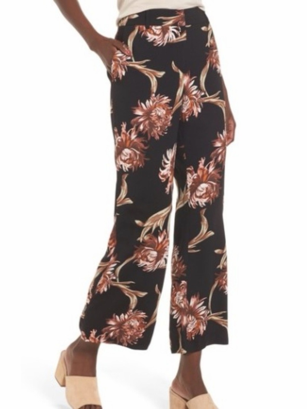 Leith Black Wide-Leg Pants with Brown Floral Print